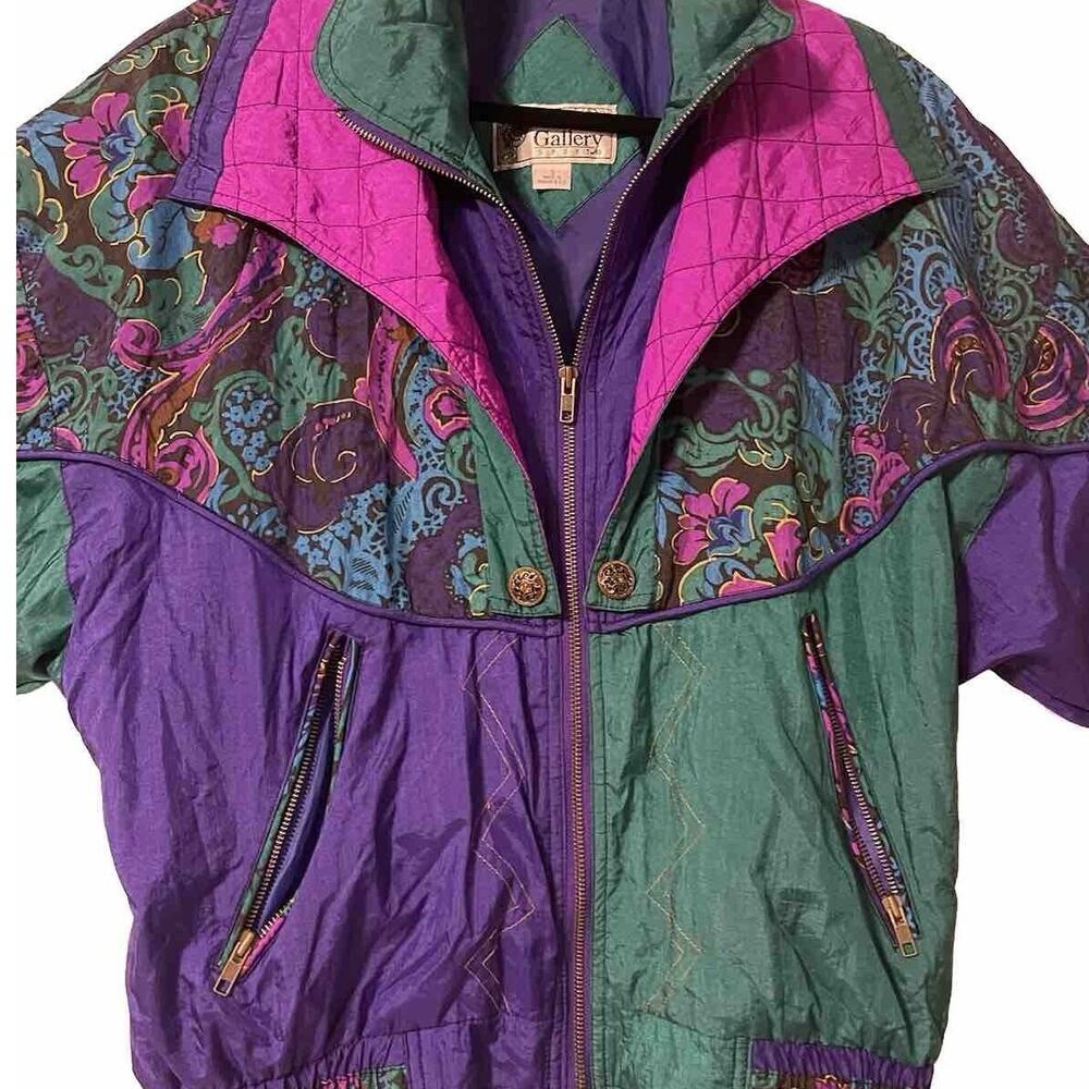 Gallery Sport Vtg Ski Jacket S Wind Breaker Peacock Quilted Paisley Purple Green - Picture 4 of 9